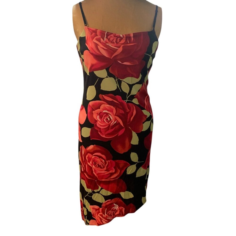 VTG Dress Y2K High-Low MIDI Spaghetti Strap Black Red Floral Sz‎ M Goth Grunge